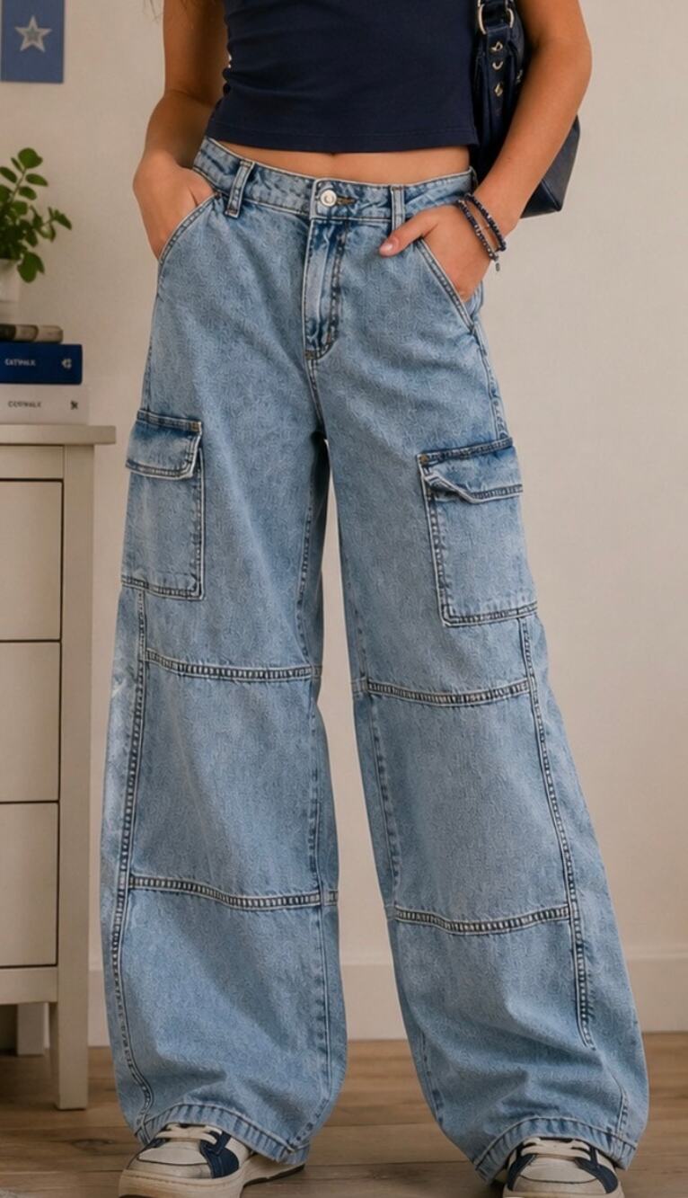 Art Class Kids Light Wash Wide Leg Cargo Jeans adjustable waist Denim skater 14